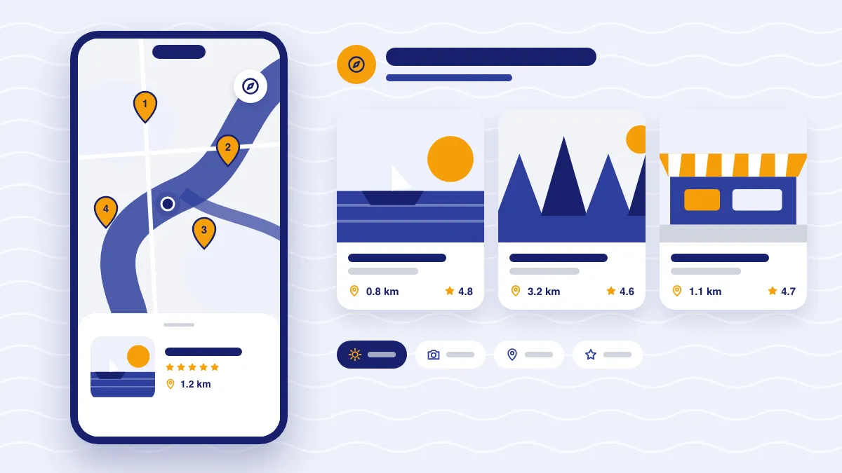 Ilustração de um celular Android com um guia turístico de uma cidade na tela