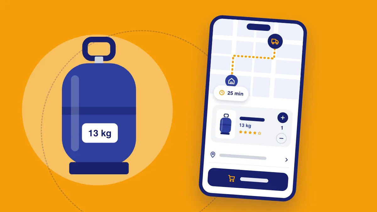 Ilustração de um celular com um app de pedido de gás e um botijão ao lado