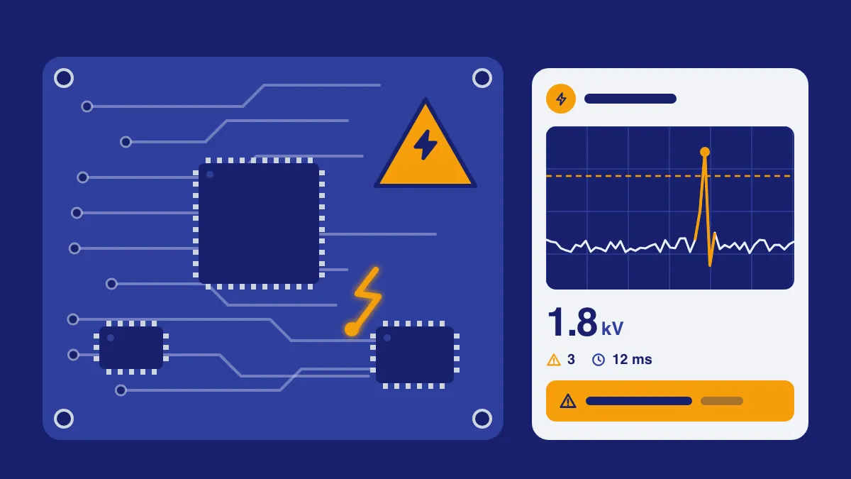 Ilustração de uma placa eletrônica protegida por um escudo contra faíscas de energia estática
