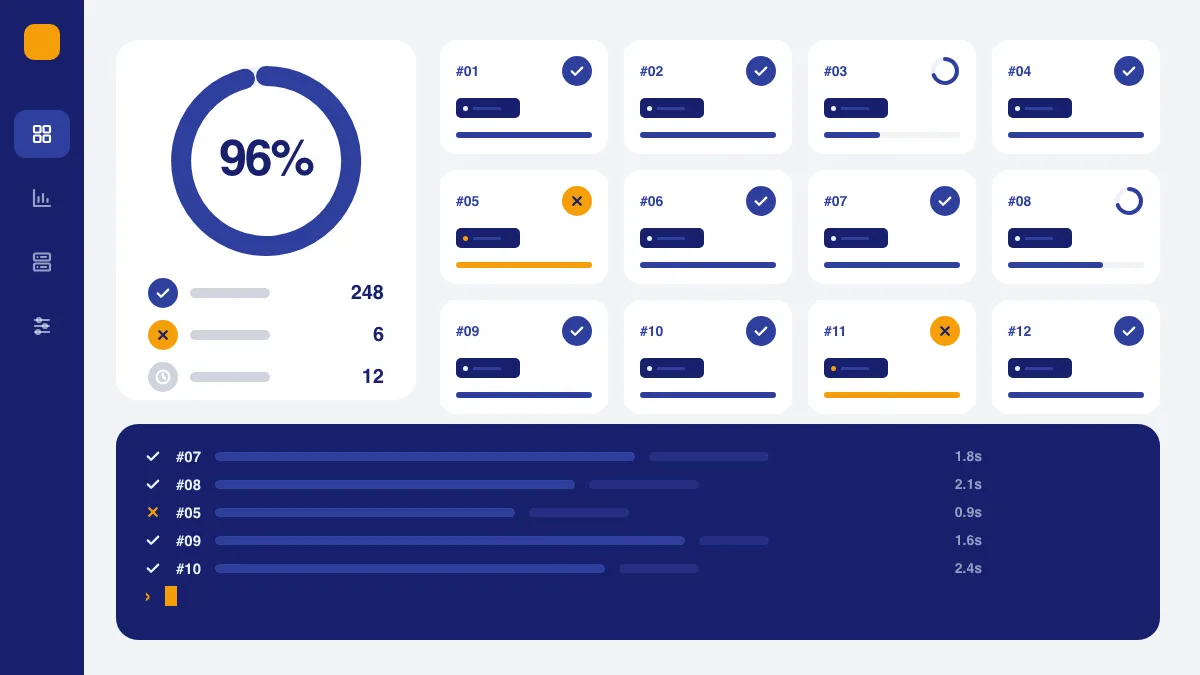 Ilustração de um painel com uma lista de testes de validação e indicadores de status, ao lado de uma linha de produção