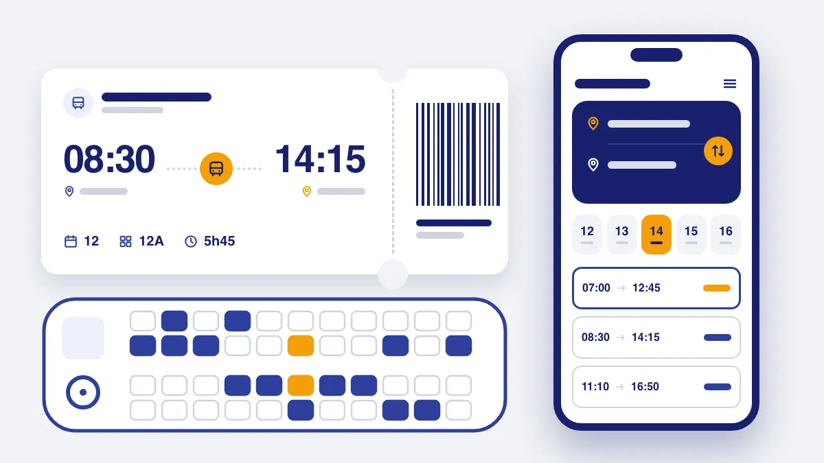 Ilustração de um notebook e de um celular mostrando a escolha de uma passagem de ônibus