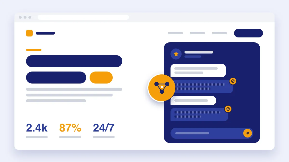 Ilustração de uma página web com um estudo de caso, um ícone de IA e uma conversa com balões de mensagem marcados com um escudo