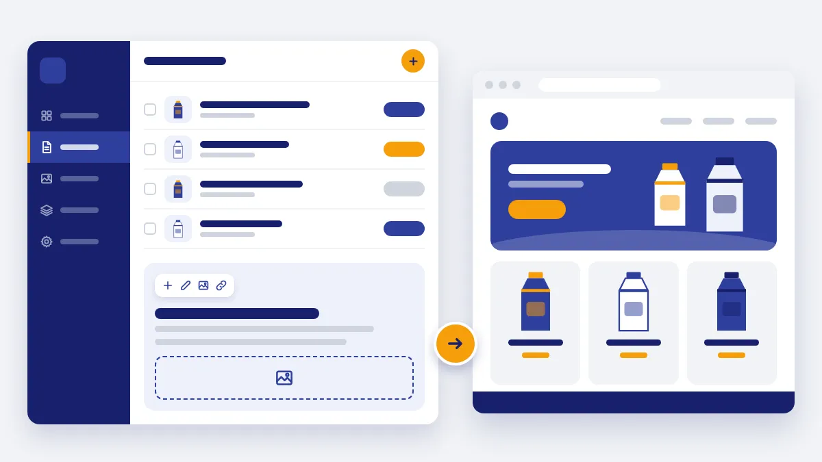 Ilustração de um site institucional com página inicial e cartões de produtos, ao lado de um painel de gerenciamento de conteúdo