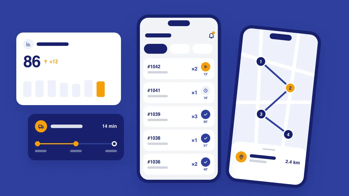 Ilustração de um celular Android com um app de revendedor mostrando uma lista de vendas e entregas