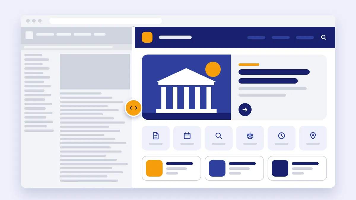 Ilustração da página inicial de um portal institucional, com cabeçalho renovado e uma área de notícias em destaque