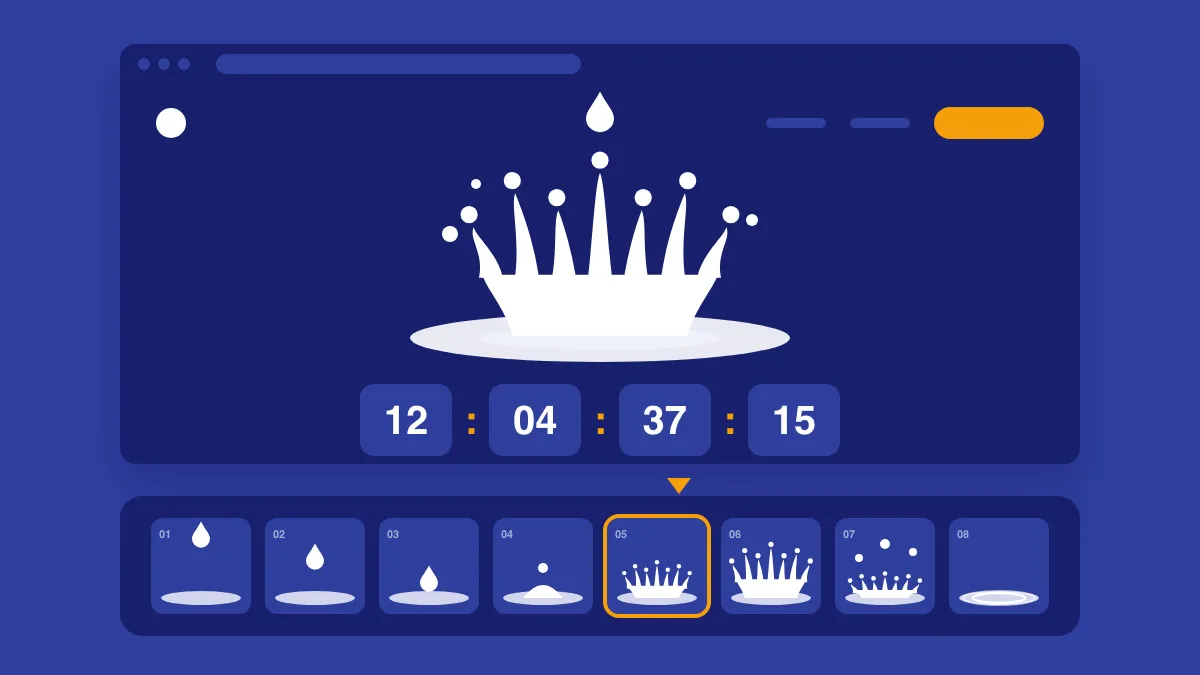 Ilustração de um site promocional de pré-lançamento, com elementos animados em sequência de quadros
